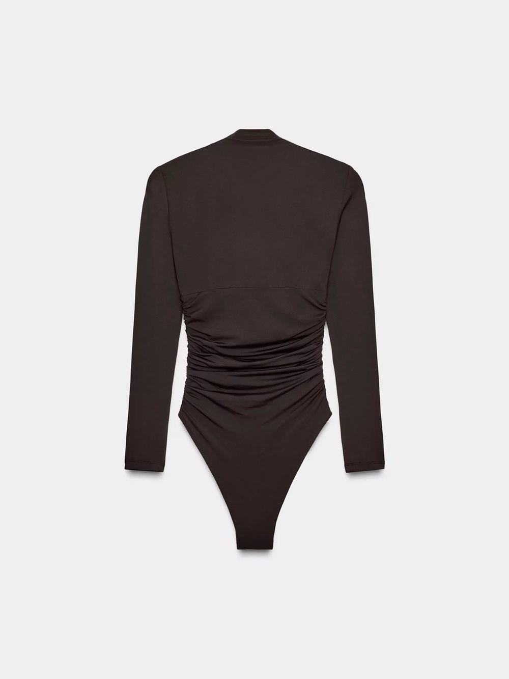 Zara Polyamide Chocolate Brown Long-Sleeve Ruched V-Neck Bodysuit with Gold Acce